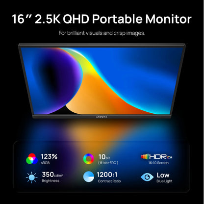 16 Inch QHD Portable Monitor USB-C HDMI for Laptop Gaming