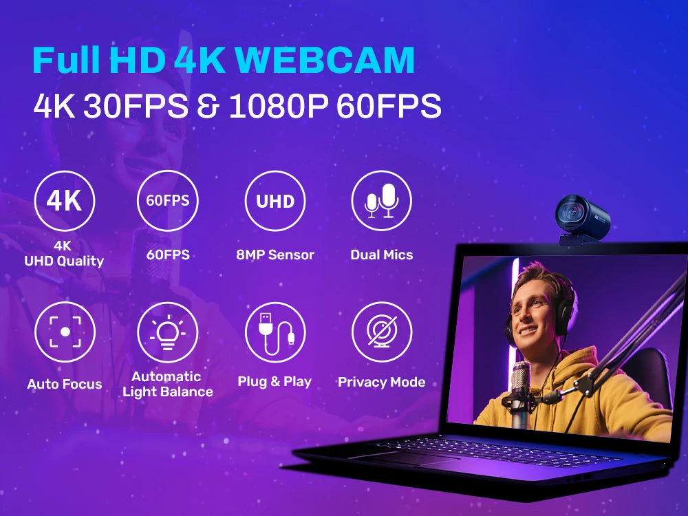 4K USB Webcam with Autofocus and Dual Microphones