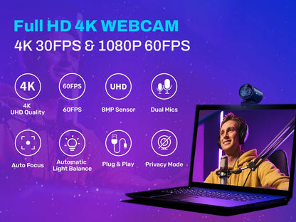 4K USB Webcam with Autofocus and Dual Microphones