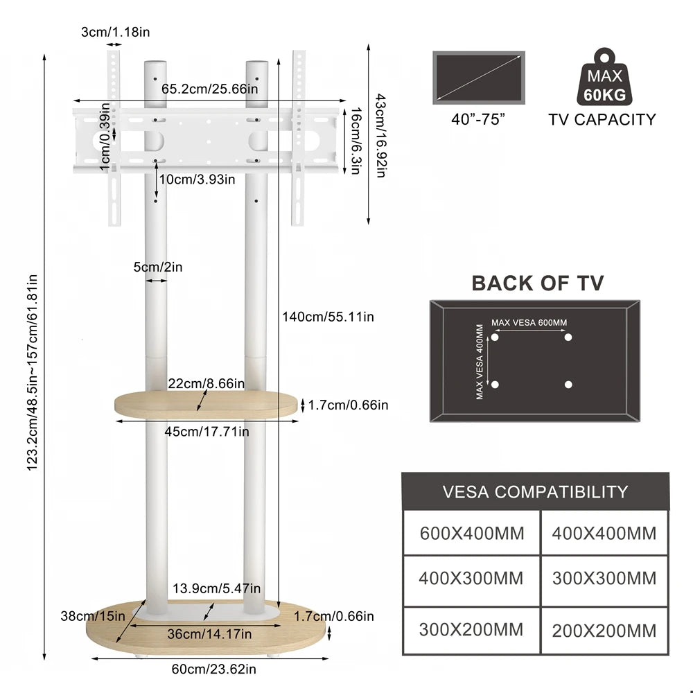 White Floor TV Stand 40-75 Height Adjustable with Shelf