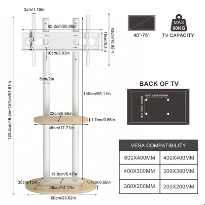 White Floor TV Stand 40-75 Height Adjustable with Shelf