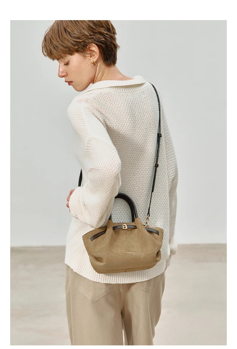 Light Brown Suede Handbag Small Crossbody Shoulder Bucket Bag