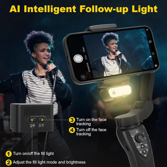 Portable 3-Axis Smartphone Gimbal Stabilizer with AI Tracking and Tripod