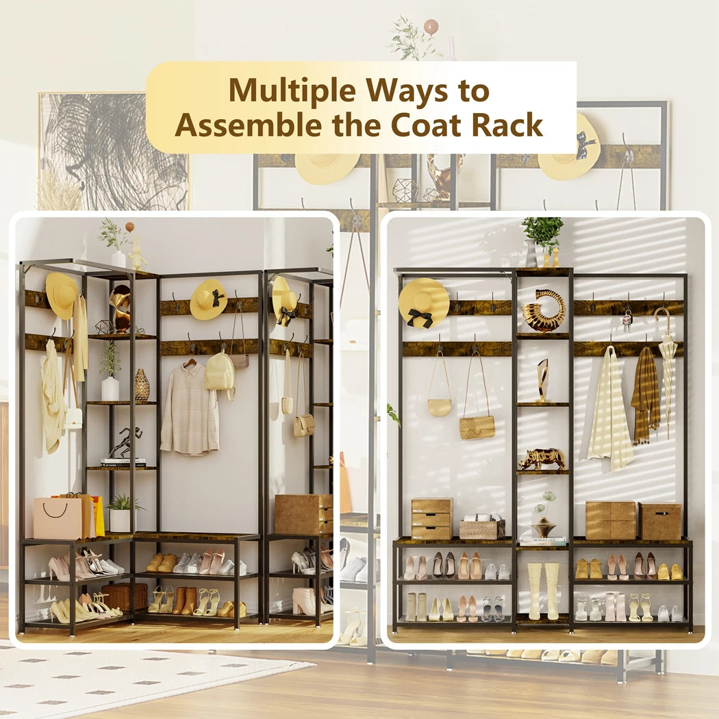 Heavy Duty Corner Hall Tree Coat Stand with Shoe Bench