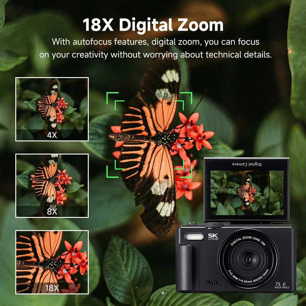 75MP 5K Digital Camera Flip Screen 18X Zoom 64GB