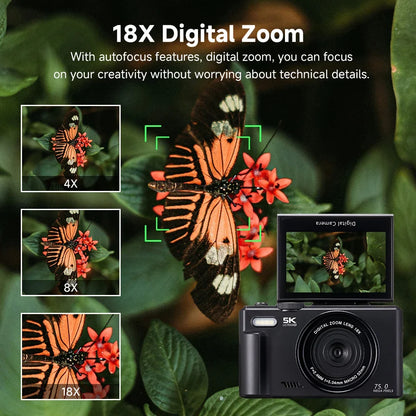 75MP 5K Digital Camera Flip Screen 18X Zoom 64GB