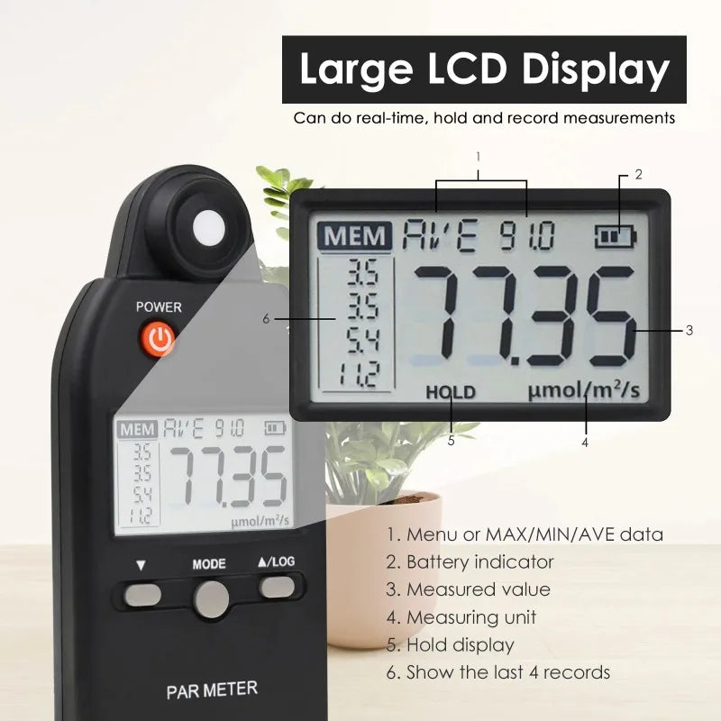 Full Spectrum PPFD Quantum PAR Meter with Data Storage