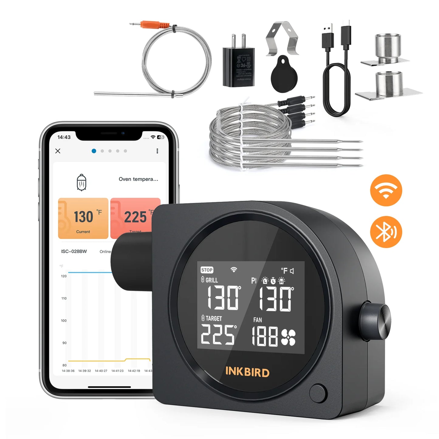 Smart WiFi Bluetooth Grill Temperature Controller with High-Low Alarms