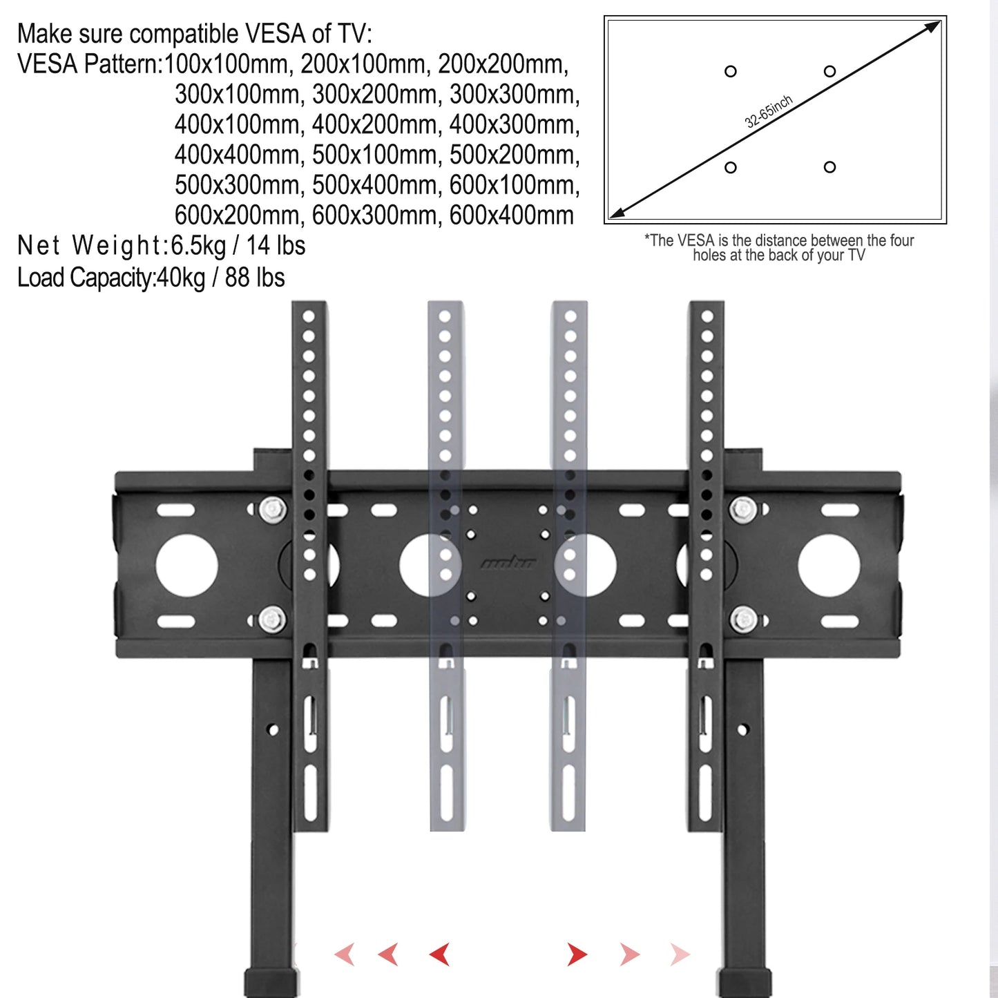 32–65 Inch Height Adjustable TV Floor Stand Black Steel