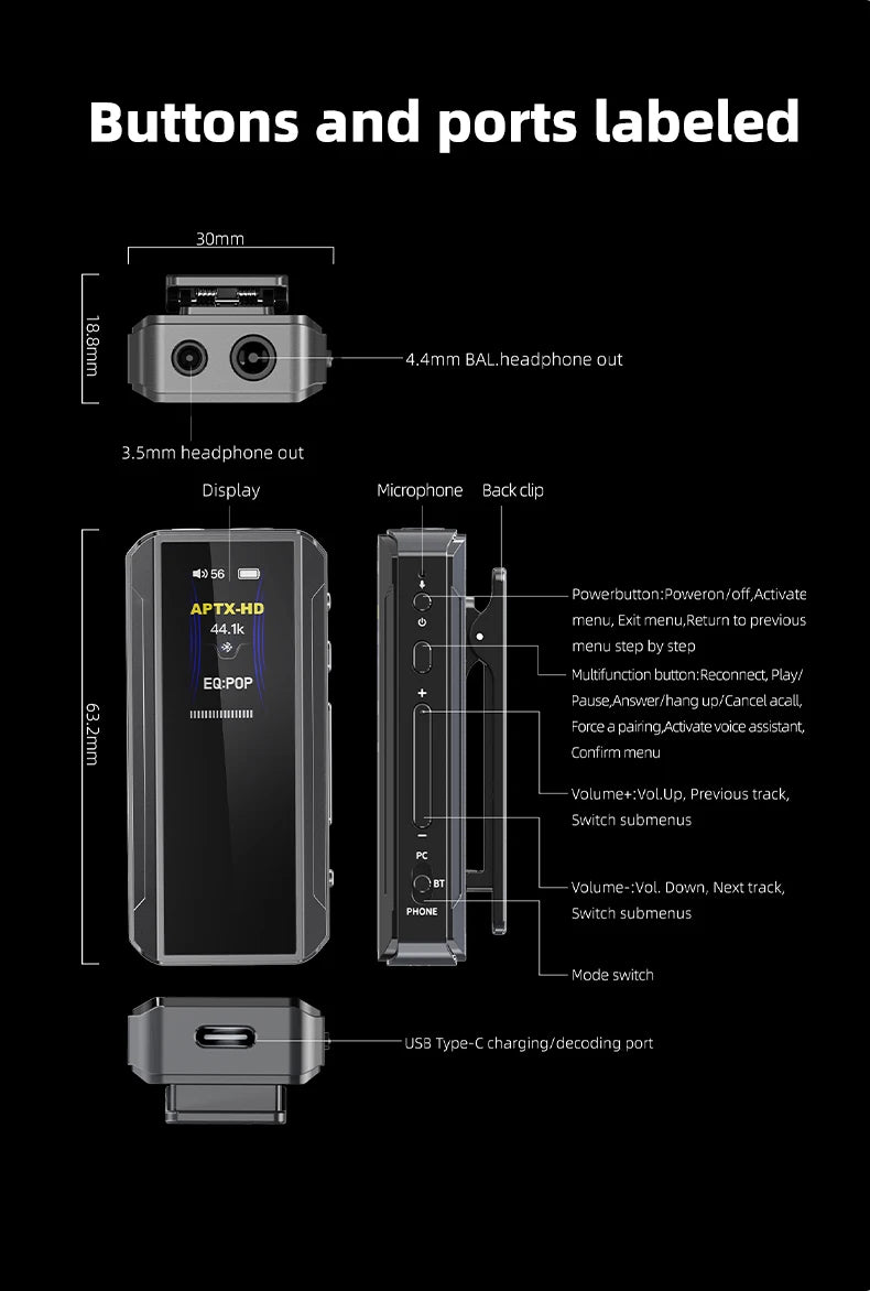 Portable Hi Res Bluetooth DAC Headphone Amplifier Dual Output