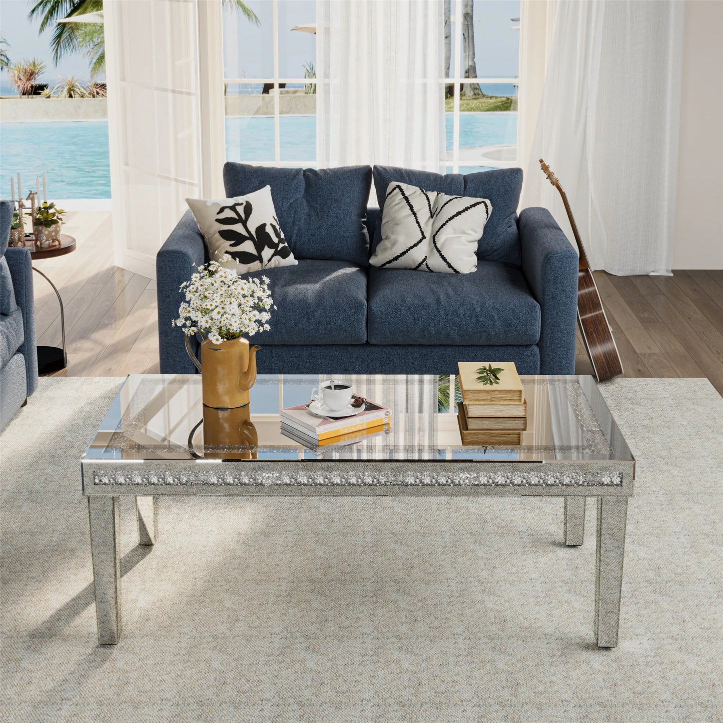 Modern Mirrored Coffee Table Crystal Inlay Silver Centre Table