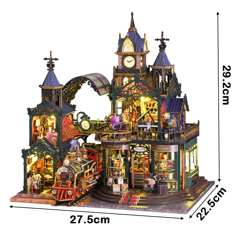 Wooden Secluded City Dollhouse Kit with Furniture and Cover