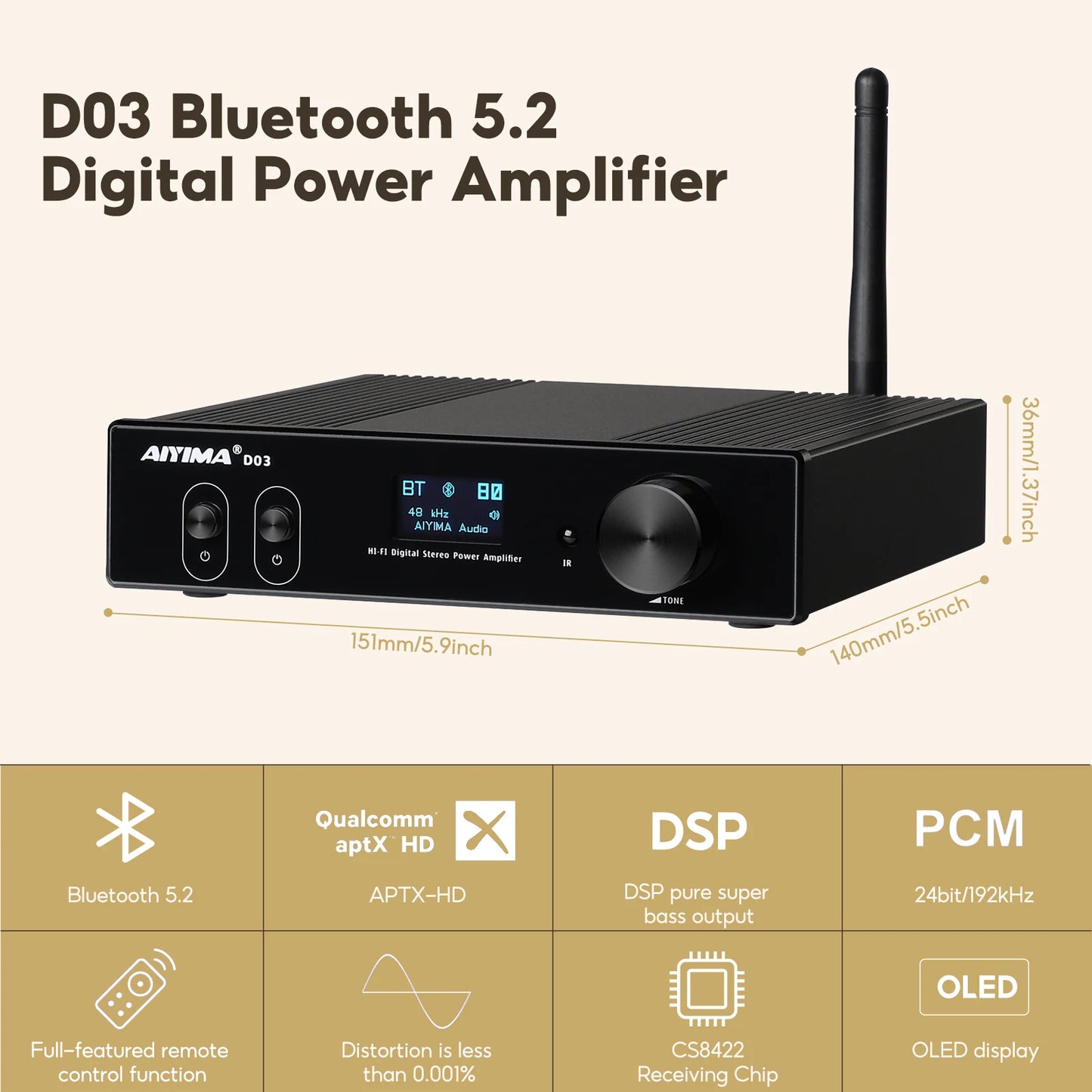 D03 Bluetooth Amplifier 2.1 150W x2 HiFi Audio