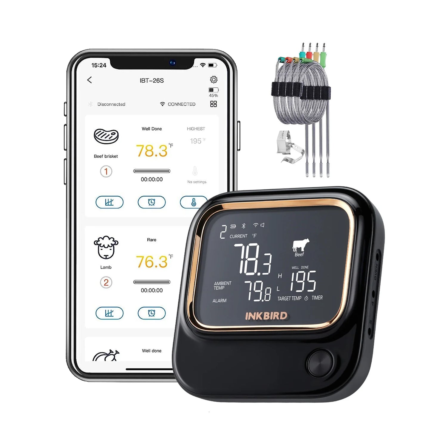 WiFi Bluetooth BBQ Thermometer 4 Probes with App
