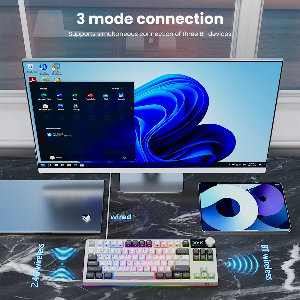 Rechargeable Mechanical Keyboard RGB Backlit TFT Screen White