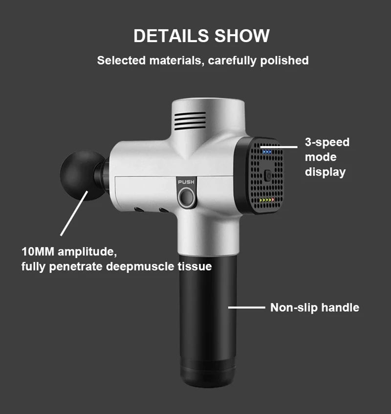 Silver Handheld Massage Gun with Multiple Speed Settings
