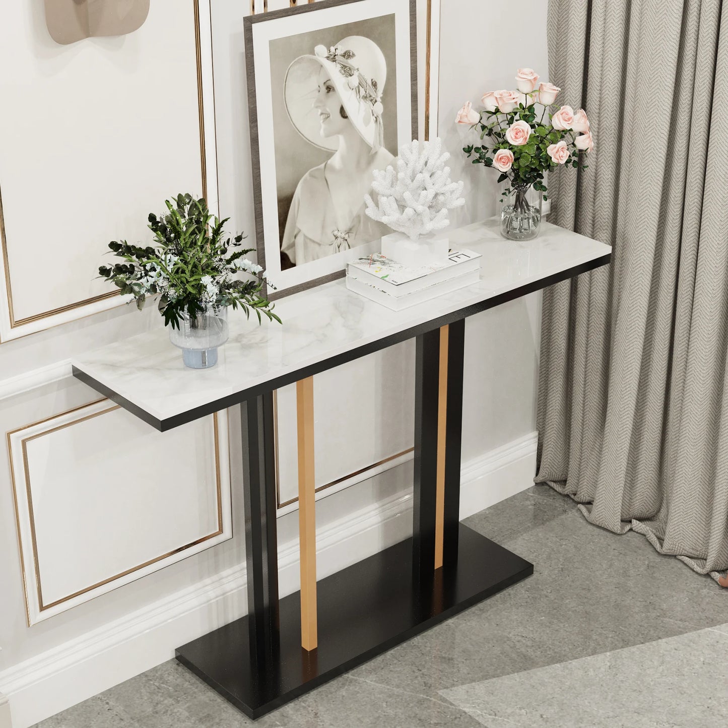 Narrow Stone Top Console Table with Pedestal Base