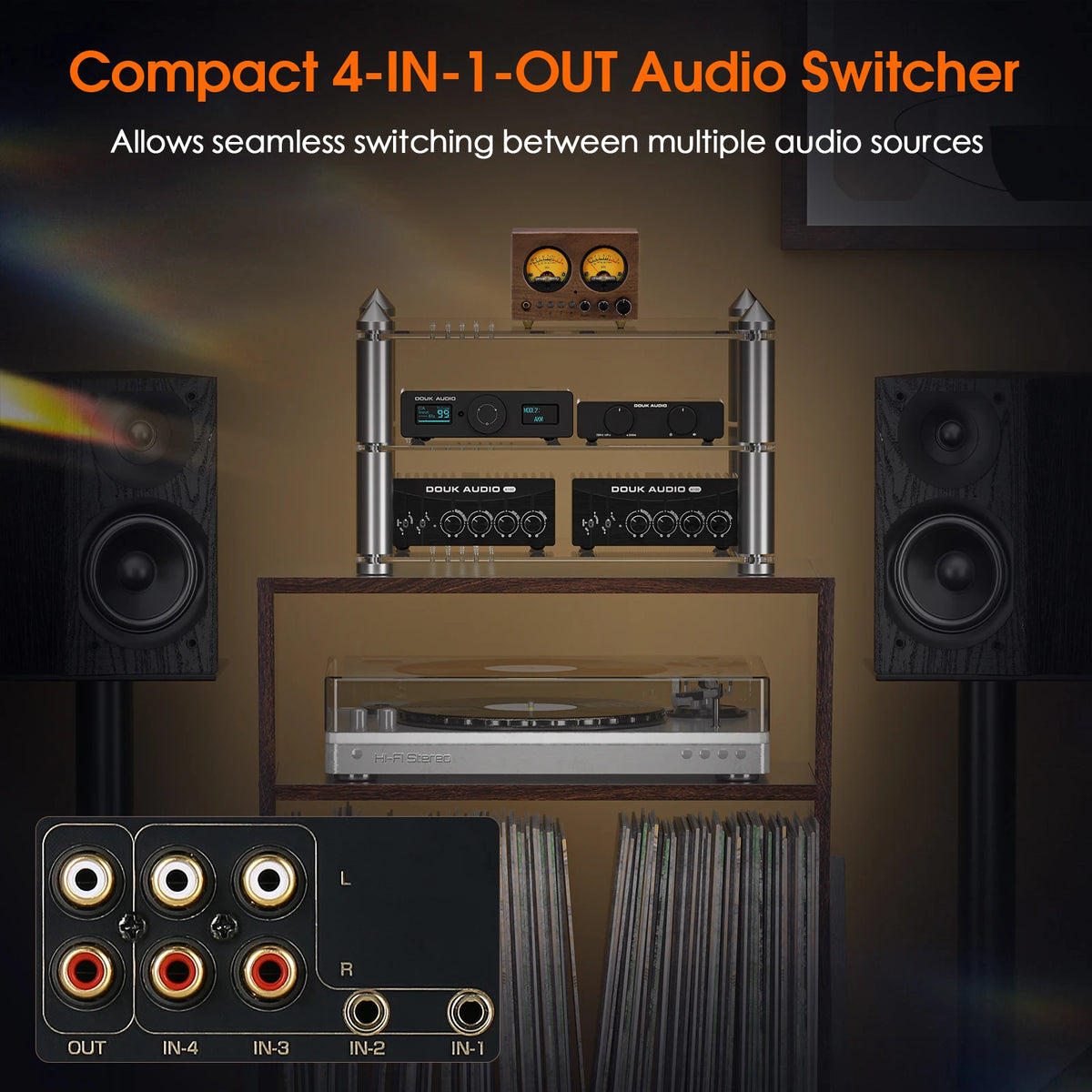 4-Way Audio Switcher 4In1-Out VU Meter Remote