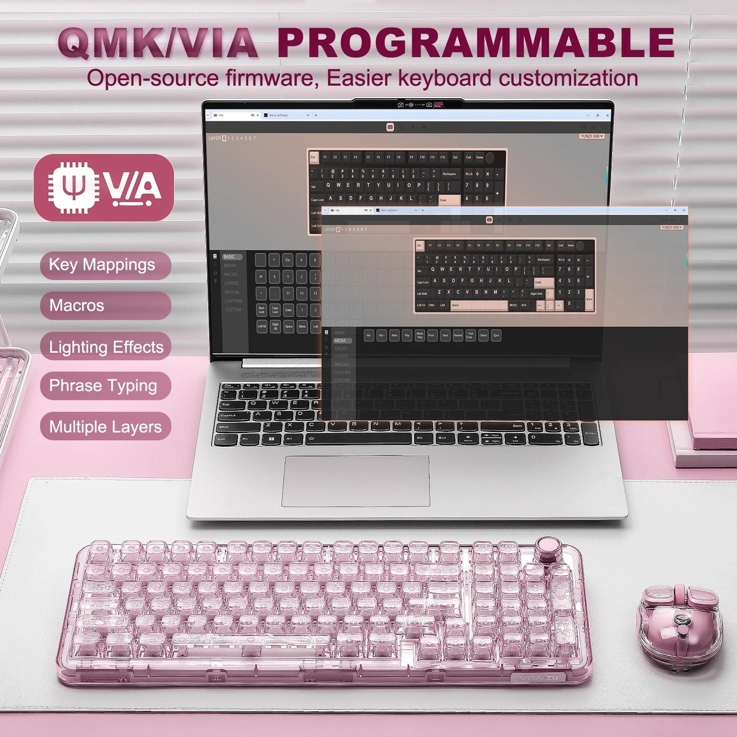 Pink Transparent Gaming Keyboard with RGB and Control Knob