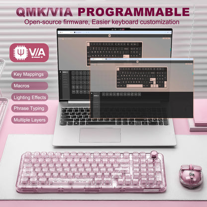 Pink Transparent Gaming Keyboard with RGB and Control Knob
