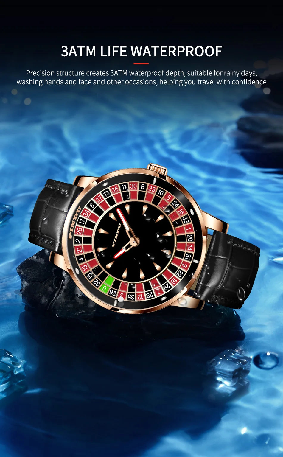 Self-Winding Mens Watch Roulette Dial Stainless Black