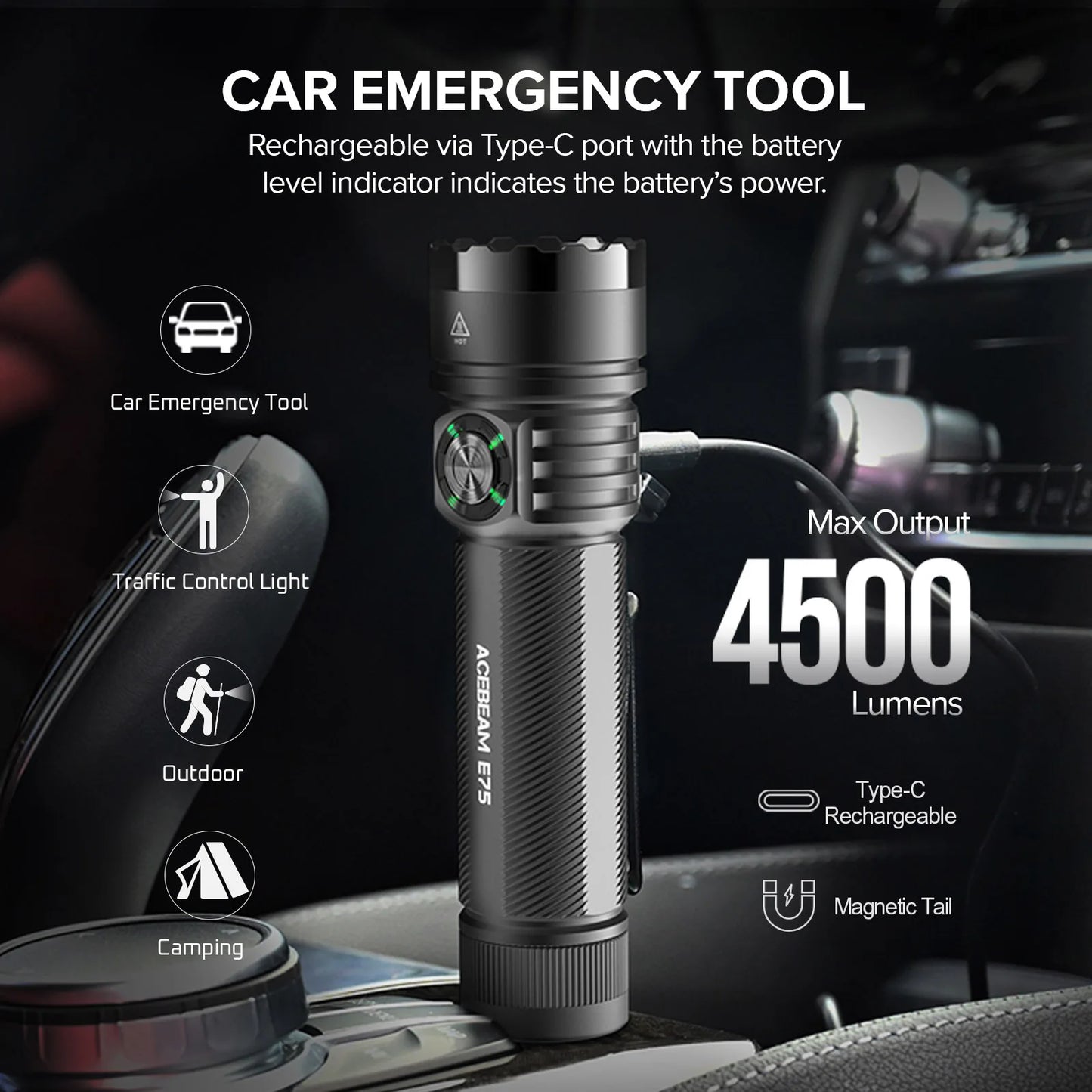Quad Core LED Flashlight 4500LM USB-C Titanium