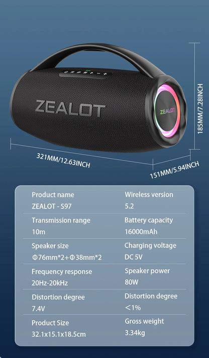 80W Portable Bluetooth Speaker Waterproof 16000mAh RGB TWS
