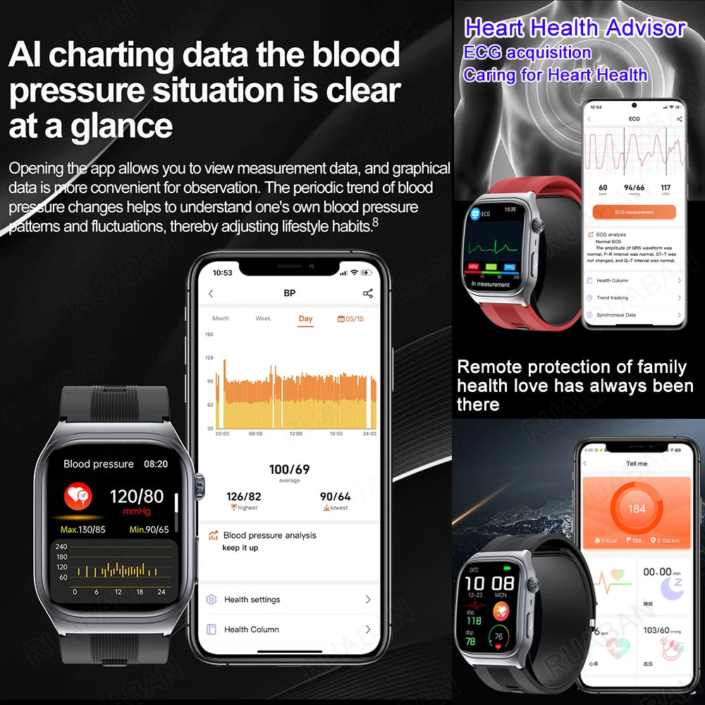 Black Smart Watch for ECG Blood Pressure and Lipids