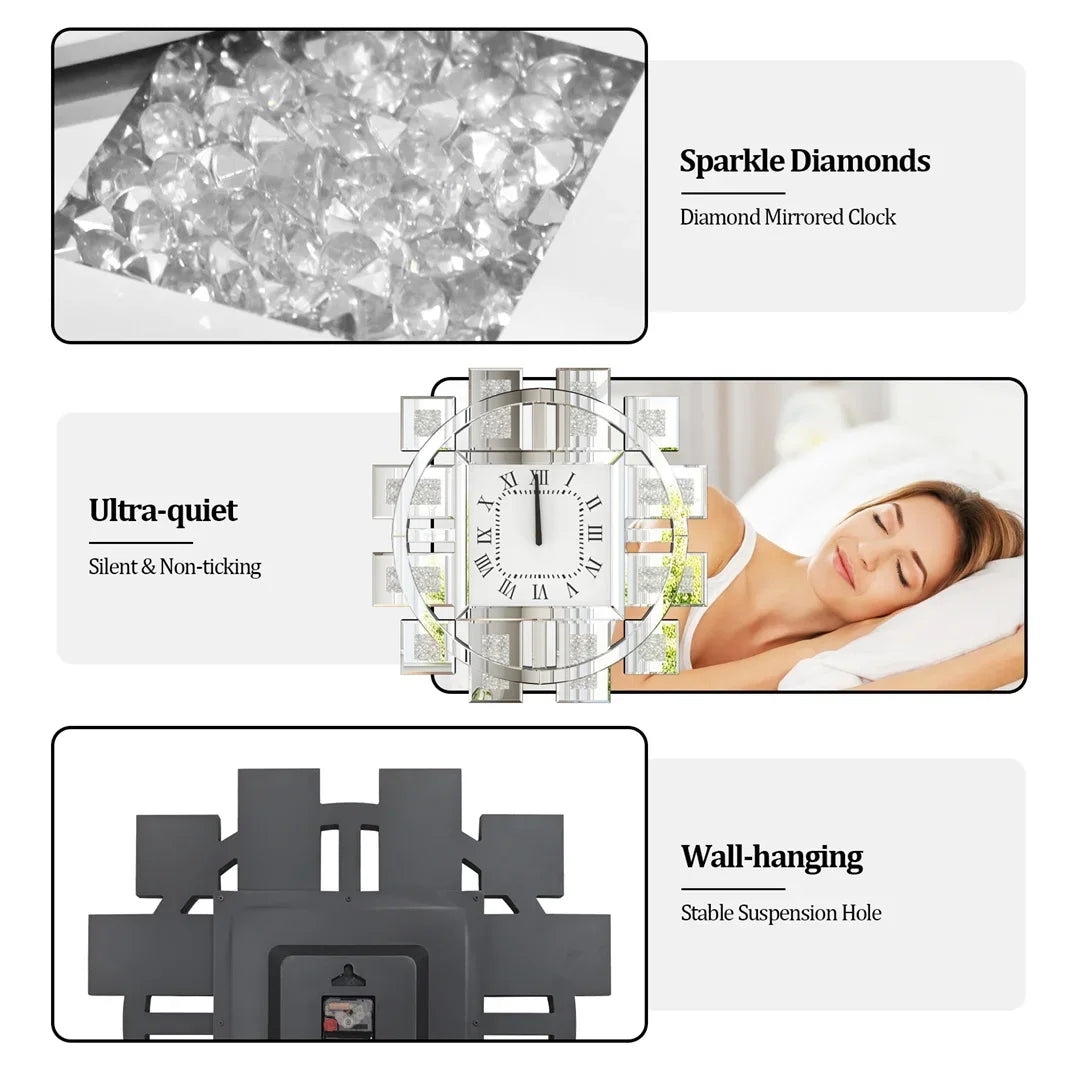 60cm Decorative Crystal Diamond Wall Clock Silver