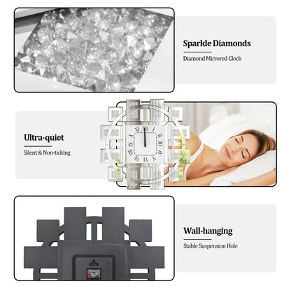 60cm Decorative Crystal Diamond Wall Clock Silver