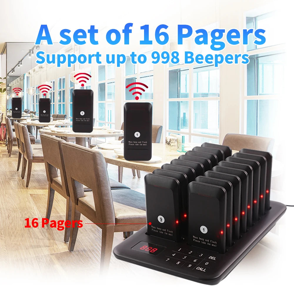 Wireless Restaurant Pager System 16 Beepers Queue Calling