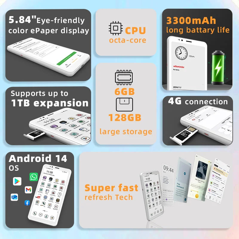Portable Color E-Ink E-Reader 5.84 Inch Android 14 128GB
