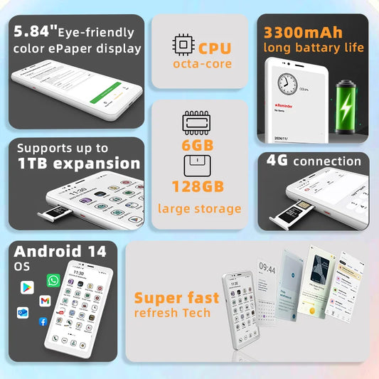 Portable Color E-Ink E-Reader 5.84 Inch Android 14 128GB