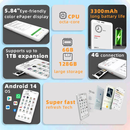 Smart E-Ink E-Reader 5.84 Inch Black White Screen Android 14
