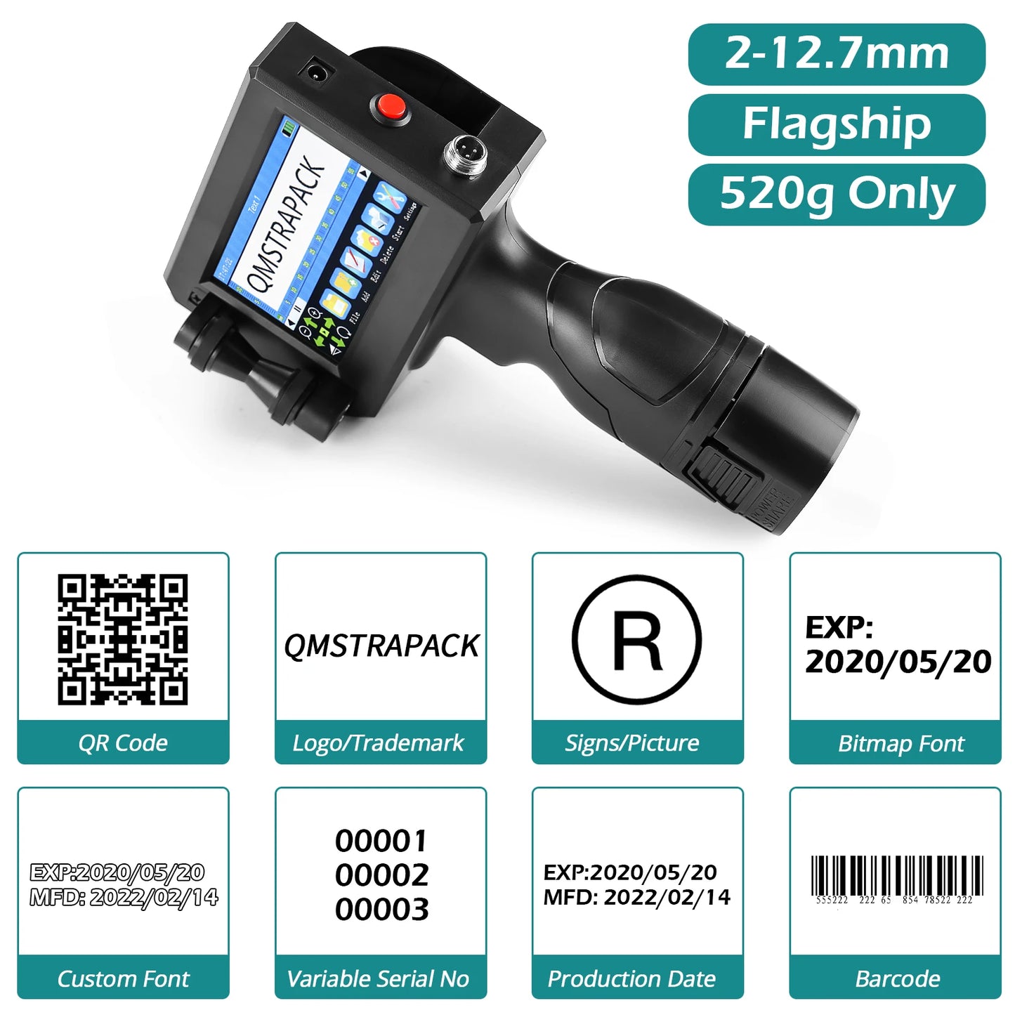 Portable 12.7mm Handheld Inkjet Printer 2 Cartridges