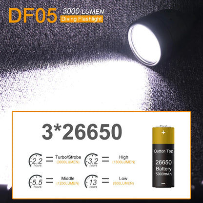 3000LM Underwater Diving Flashlight 1.2M Line