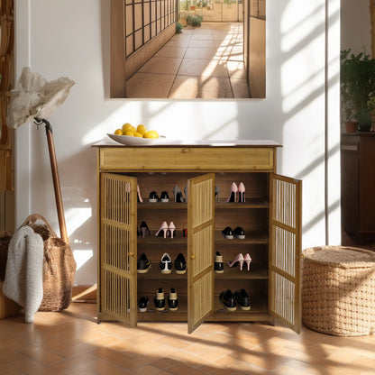 Slim Bamboo Shoe Rack Cabinet with Three Hollow Doors
