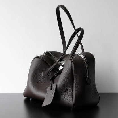 Luxury Cowhide Leather Bowling Bag Laptop Office Handbag Abnine