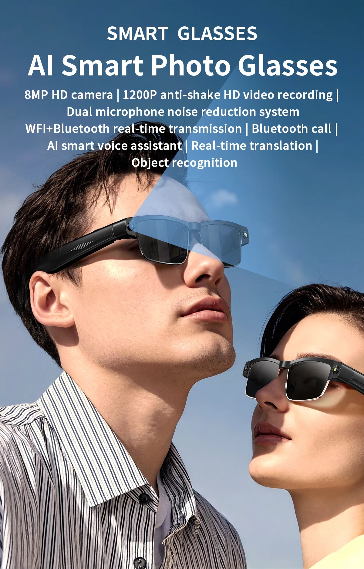Smart Sunglasses 8MP Video Recording Bluetooth 270mAh