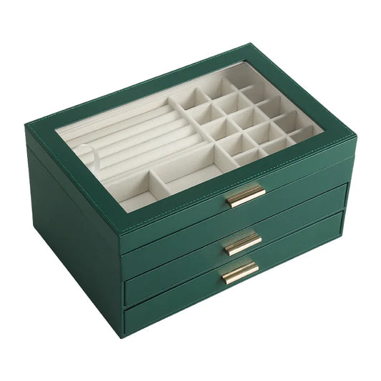 Portable Green Jewelry Organizer 3 Tier Drawers