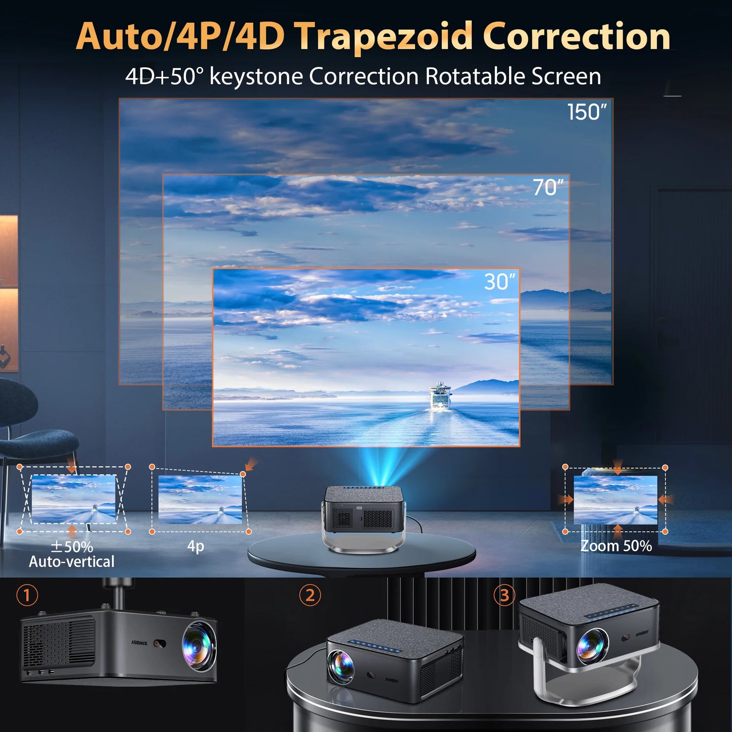 Portable Android 12 Projector with Stand and Auto Focus