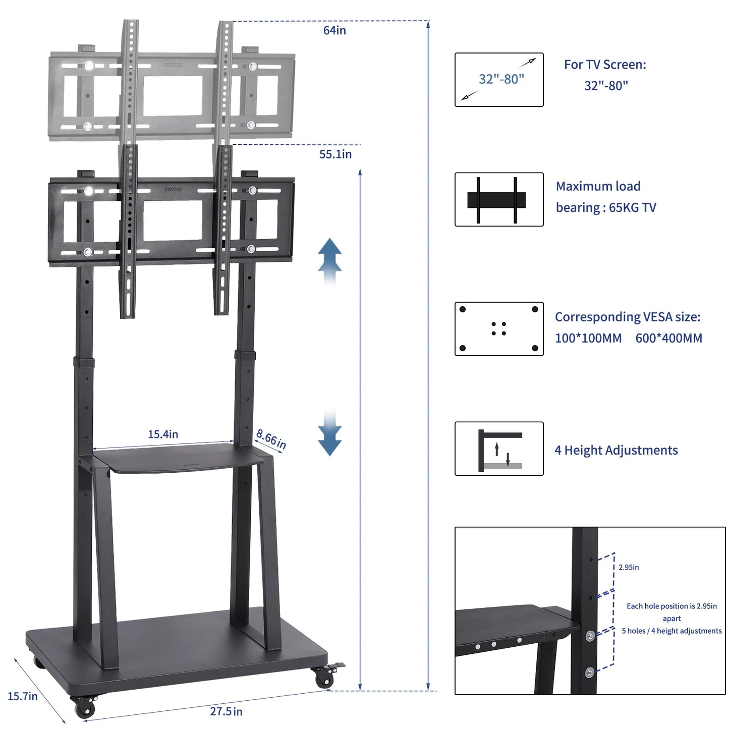 Heavy Duty TV Trolley Stand 32-80" Adjustable Floor Mount
