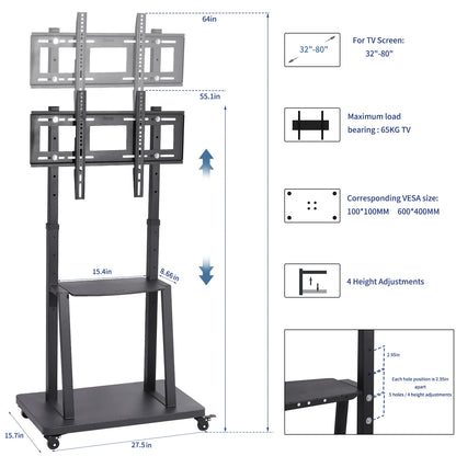 Heavy Duty TV Trolley Stand 32-80" Adjustable Floor Mount