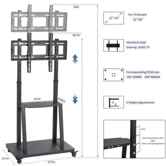 Heavy Duty TV Trolley Stand 32-80" Adjustable Floor Mount