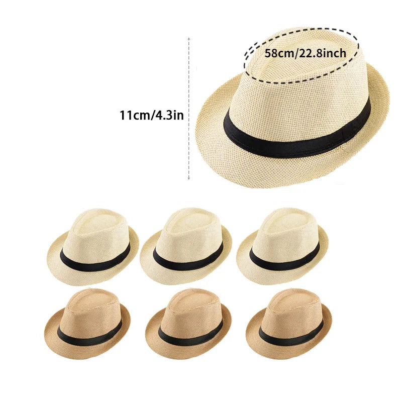 6-96pcs Roll Up Straw Fedora Hats Beige Khaki