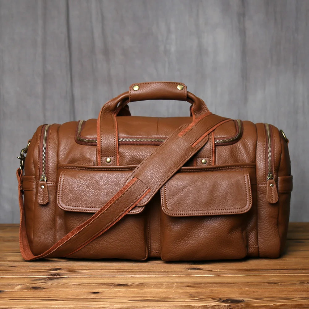 Classic Brown Leather Travel Bag Spacious Laptop Messenger