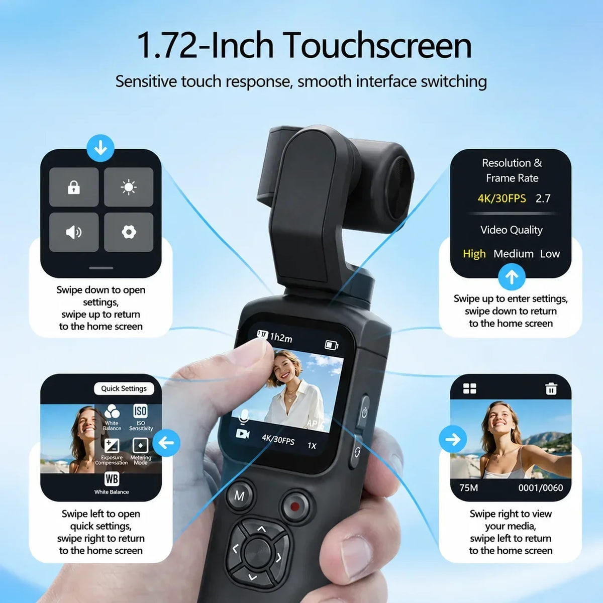 4K Action Camera 64MP Face Tracking Gimbal Stabilizer