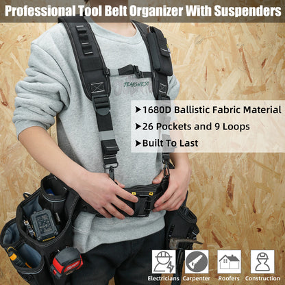 Heavy Duty Tool Belt and Suspenders Set with Tool Pouch