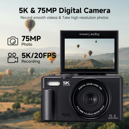 75MP 5K Digital Camera Flip Screen 18X Zoom 64GB