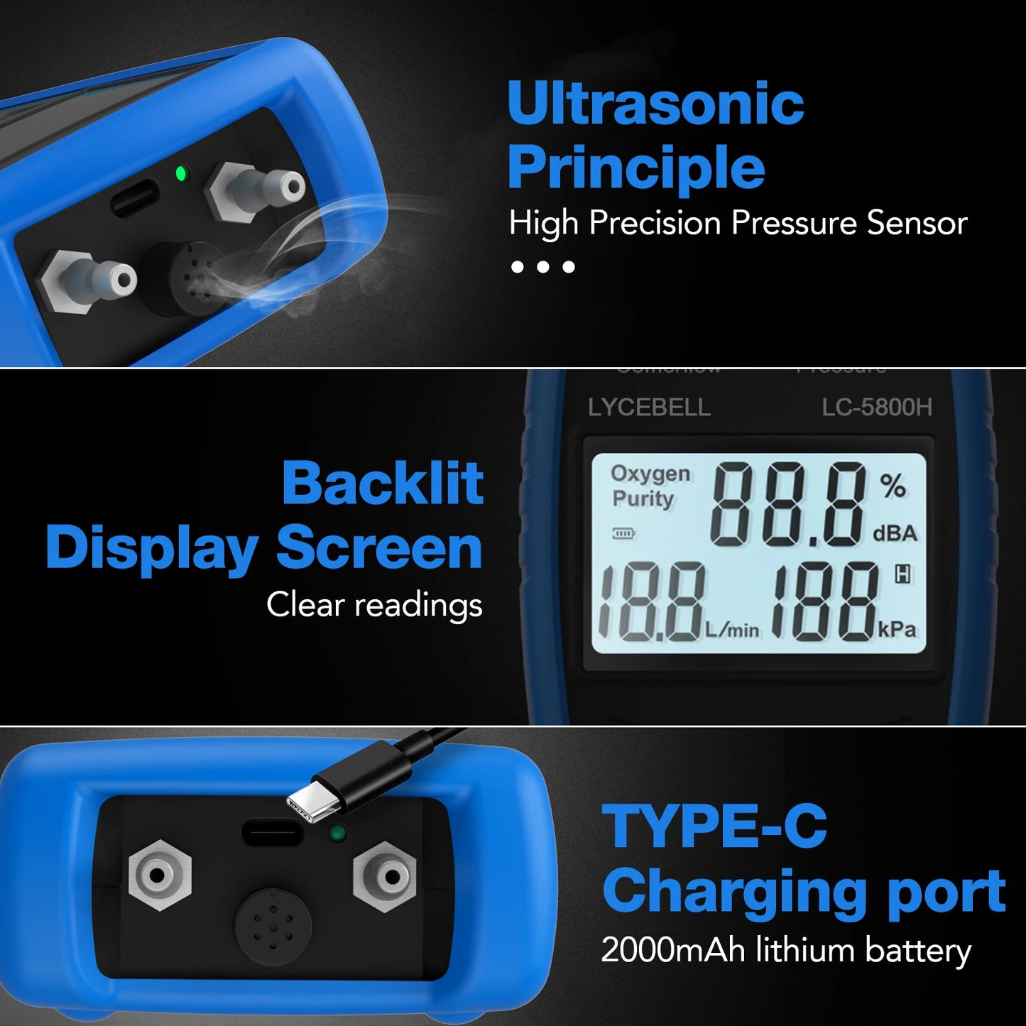 Portable Ultrasonic Oxygen Meter O2 Flow & Pressure